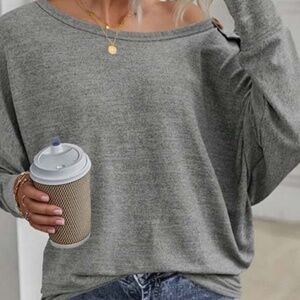 Gray Solid Color‎ Button Decor Dolman Sleeve Top